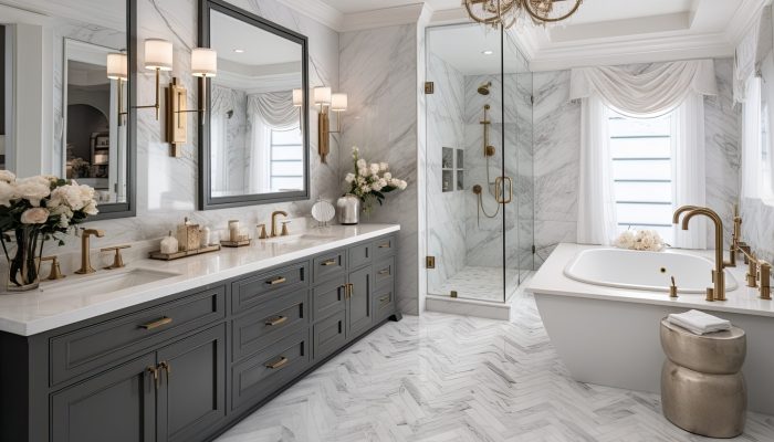 Luxurious home boasts a stunning bathroom with a dual sink vanity, bathtub, and shower. The floor is adorned with herringbone tiles while the walls and backsplash display elegant marble tiles.