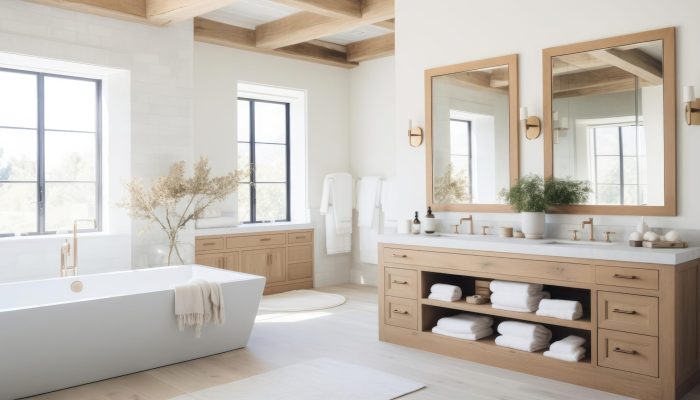 Modern farhmouse decor bathroom with wood accents and pale colors